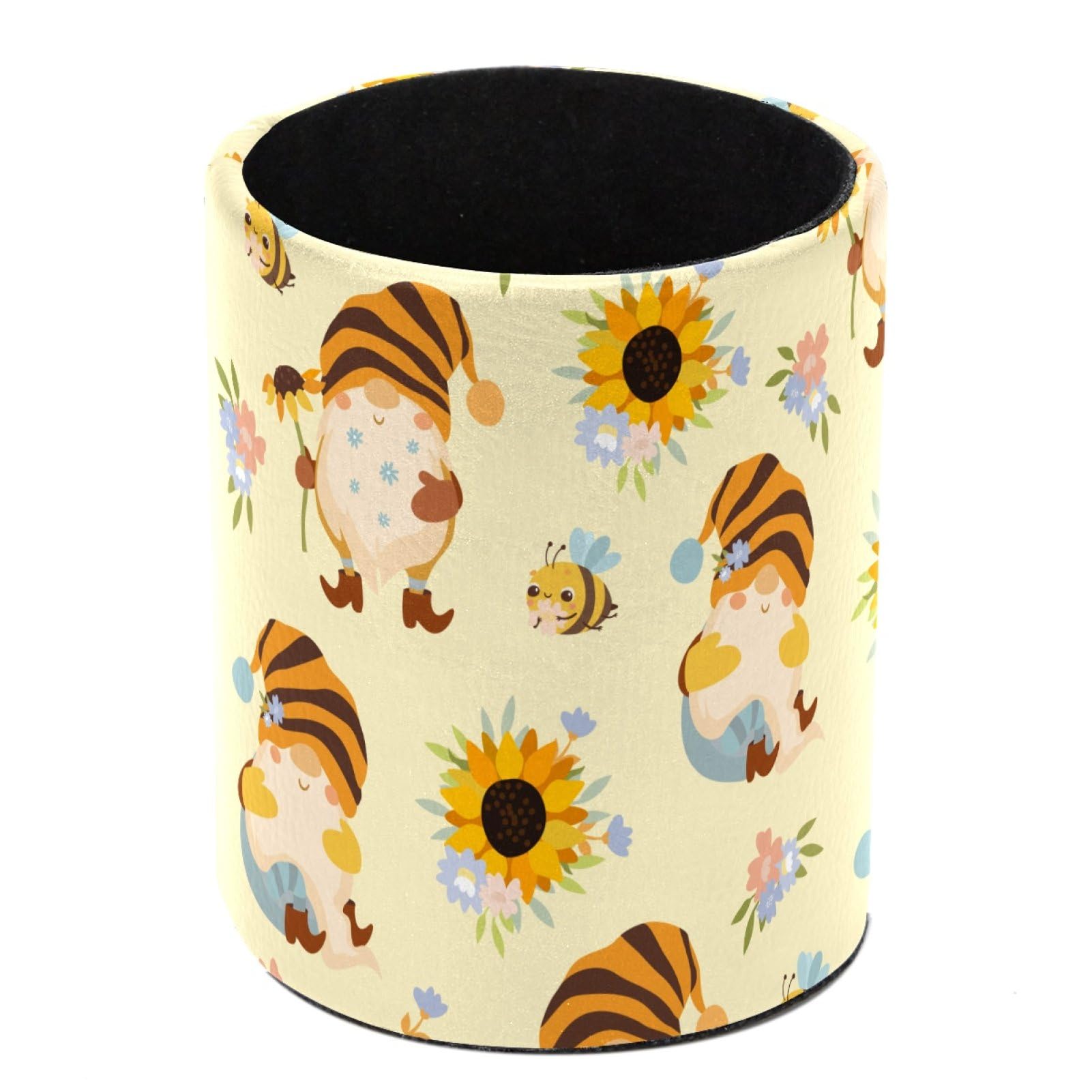 Luoweisi Gnomes Bees Pattern Pen Holder for Desk, Leather Pen Pot, Desk Pencil Holder Round Makeup Organiser Home Office School Suppliers