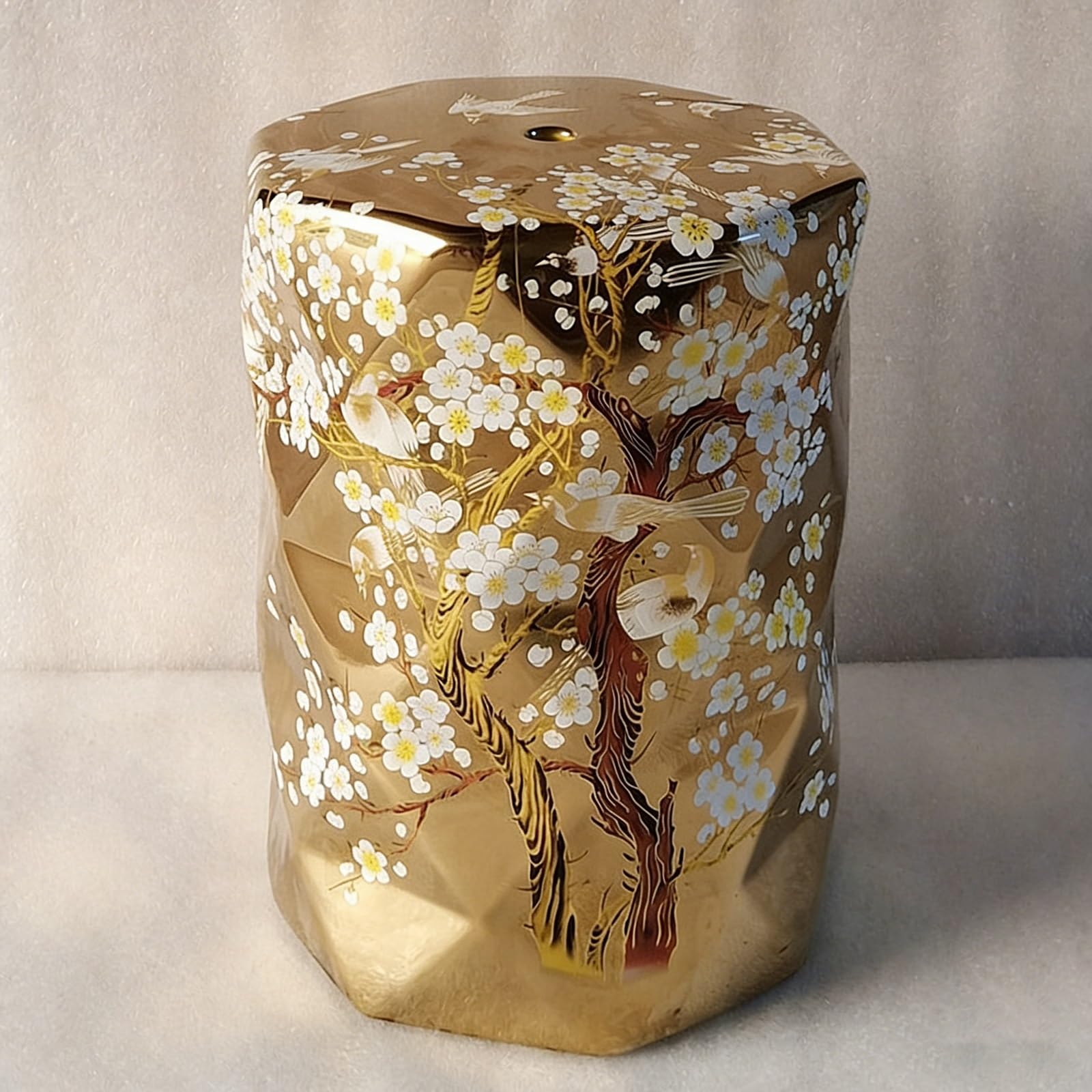 Handbemalter Keramik Gartenhocker mit Magpie- und Pflaumenblüten-Muster, Chinesischer Trommelhocker Innen/Außen, Dekorativer Keramik Hocker für Wohnzimmer & Terrasse(Gold)