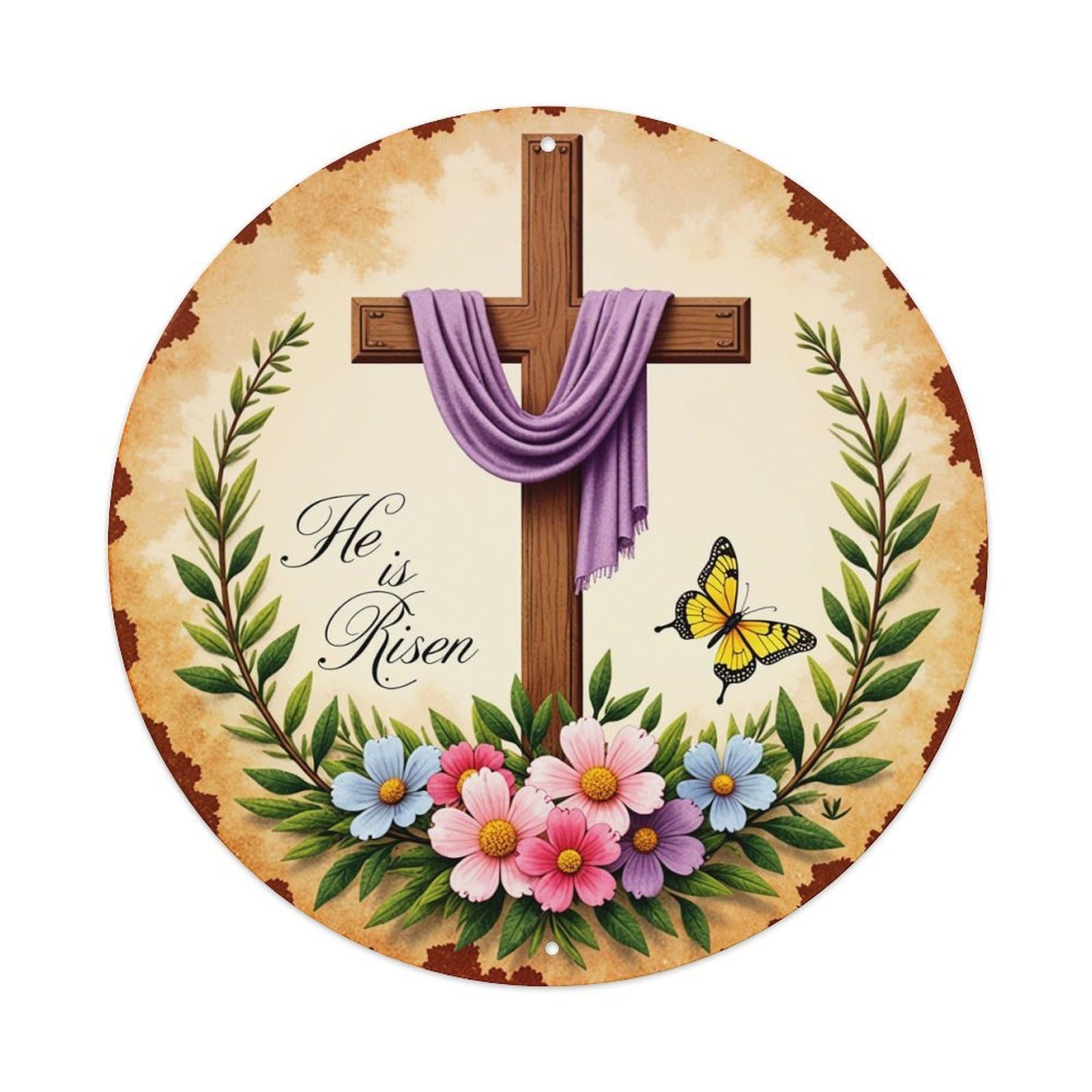 Cross With Flowers And Butterfly Round Metal Tin Sign Vintage Wall Decor, Bar Garage Cafe Kitchen Home Wall Art Poster 8x8inches