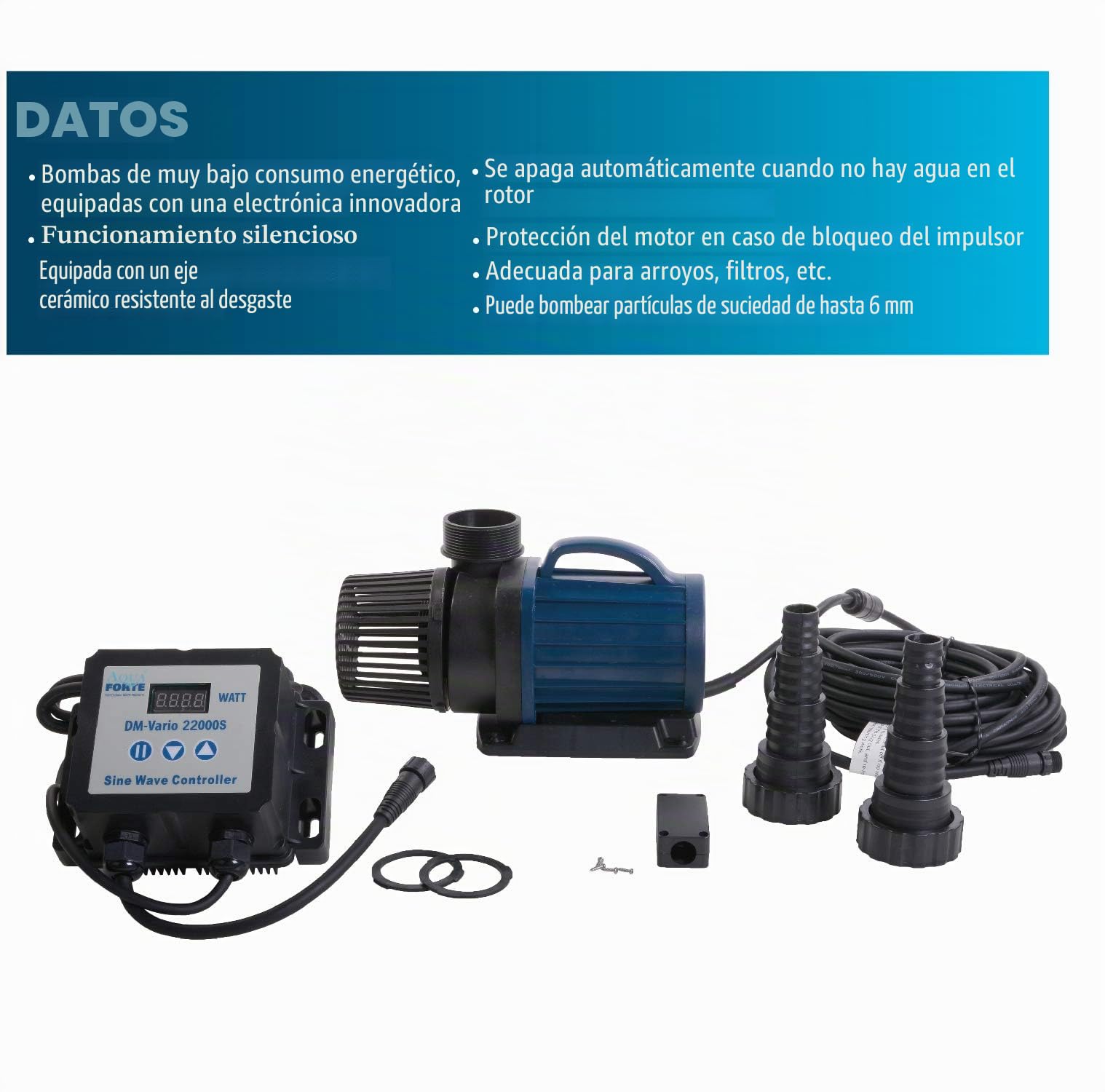 Bomba de estanque/filtro AquaForte DM-22.000 Vario S, 70-200W, caudal 17-30 m3 por hora, cabeza 7,5m, ajustable con controlador externo. Ideal como bomba de estanque o como bomba de curso de agua