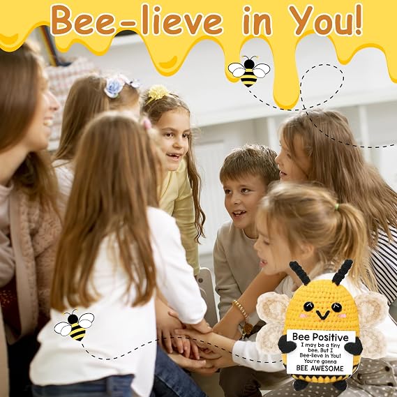 Sunwuun Positive Bee,Good Luck Positive Gifts, Emotional Support Mini Funny Knitted Bee Doll,Affirmation for Women Girl Men Friend,Leavers Gifts for Work Colleagues