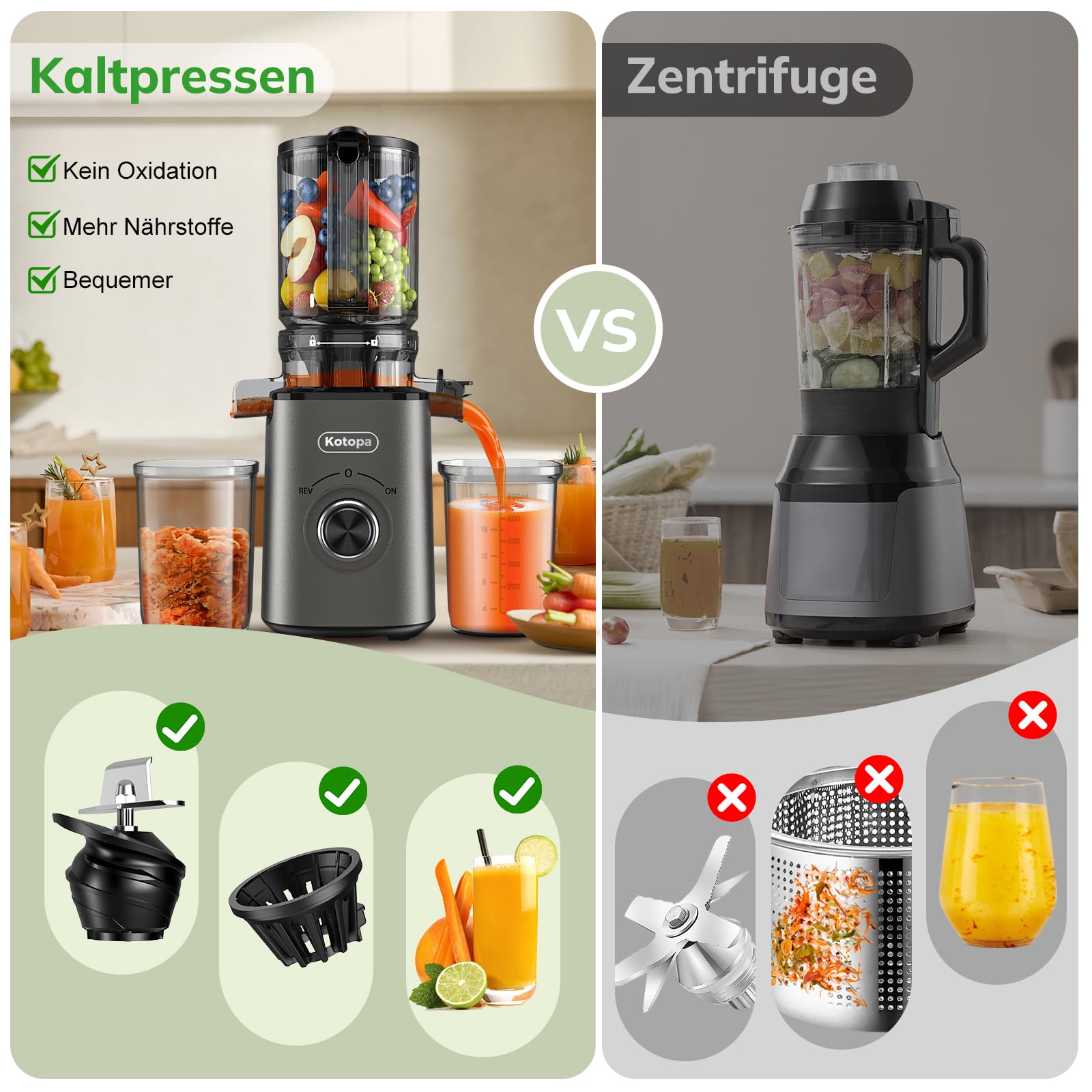 Kotopa Entsafter Gemüse und Obst, Slow Juicer mit 120 MM XL-Einfüllschacht, 600 mL Saftbehälter, Elektrische Kaltpress Saftpresse für Familien, Gesundheitsbewusste, Einfache Reinigung(Grau)
