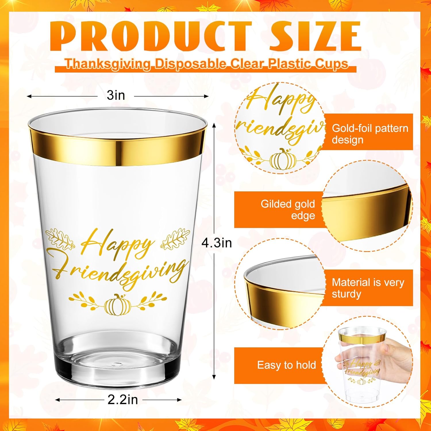 Potchen 24 Pcs Happy Friendsgiving Cups Friendsgiving Party Decoration 12oz Gold Foil Clear Plastic Disposable Drinking Cups for Thanksgiving Fall Pumpkin Autumn Party Supplies (Classic Style)