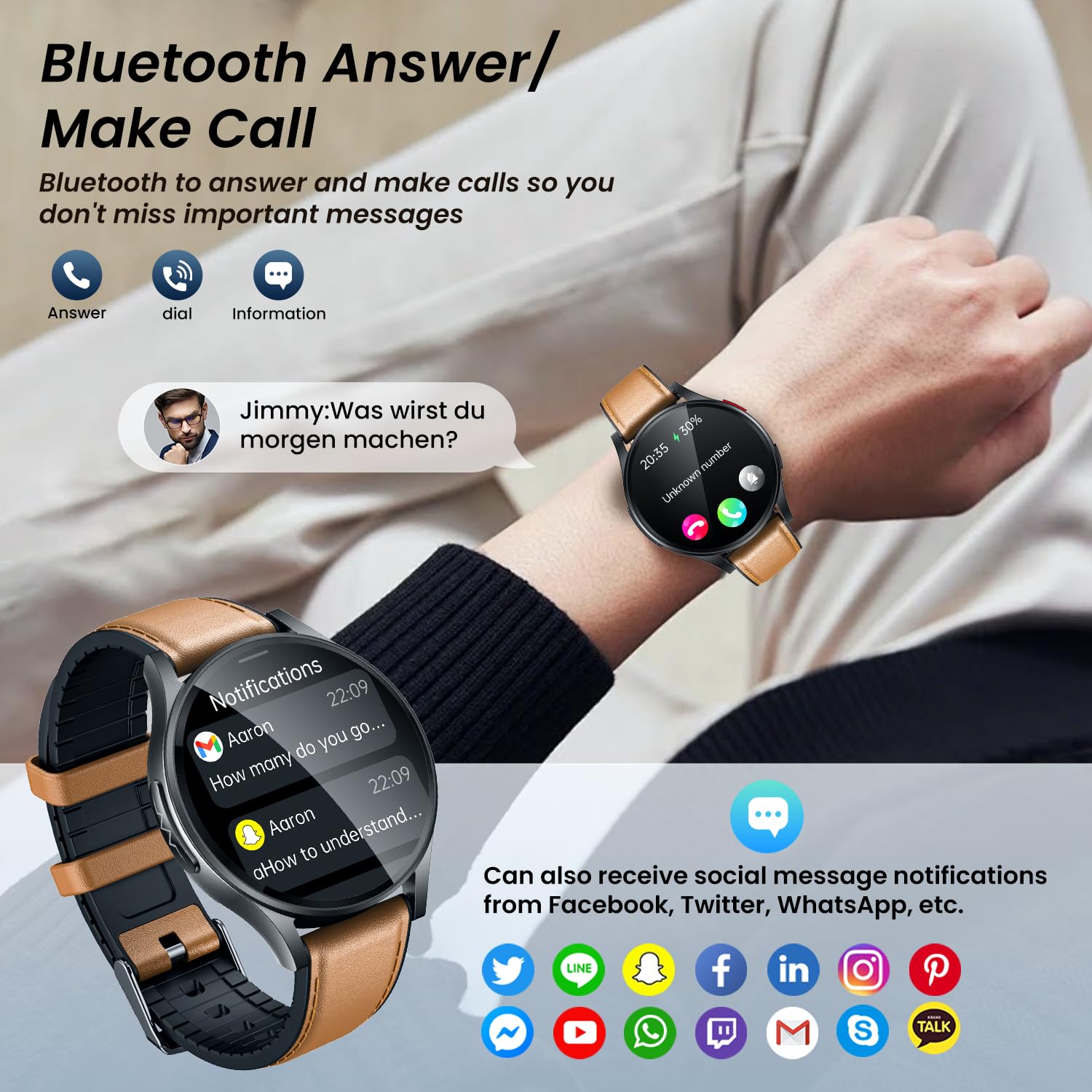 Smartwatch Herren mit EKG 𝐇𝐑𝐕 Blutdruck: Smart Watch Uhr 1,43" Rund AMOLED Schwarz Lederarmband ECG Armbanduhr Wasserdicht Herzfrequenz Schlafen Schrittzähler Telefonfunktion Fitnessuhr Android iOS