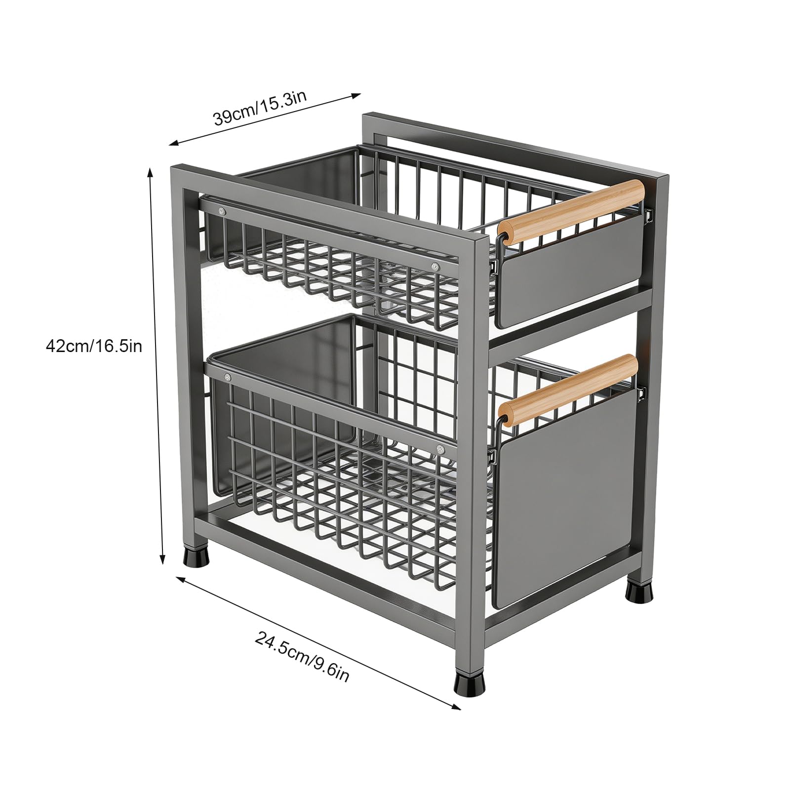 Schrank Organizer Ausziehbar, Küchen Organizer Spüle Unterschrank Regal, 2 Etagen Metall Ablage mit Holzgriff, Rostfrei & Stabil für Bad & Küche, 39x24x42cm-Grau