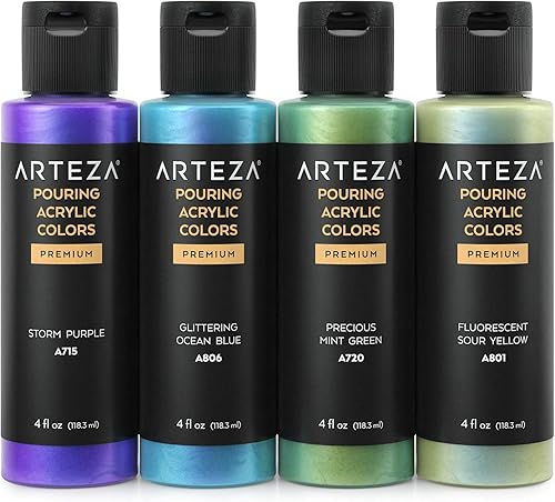 Miniatura 2 de ARTEZA Pintura acrílica iridiscente, juego de 4, tonos vibrantes, botellas de 4 onzas líquidas, pintura de alto flujo, suministros de arte para