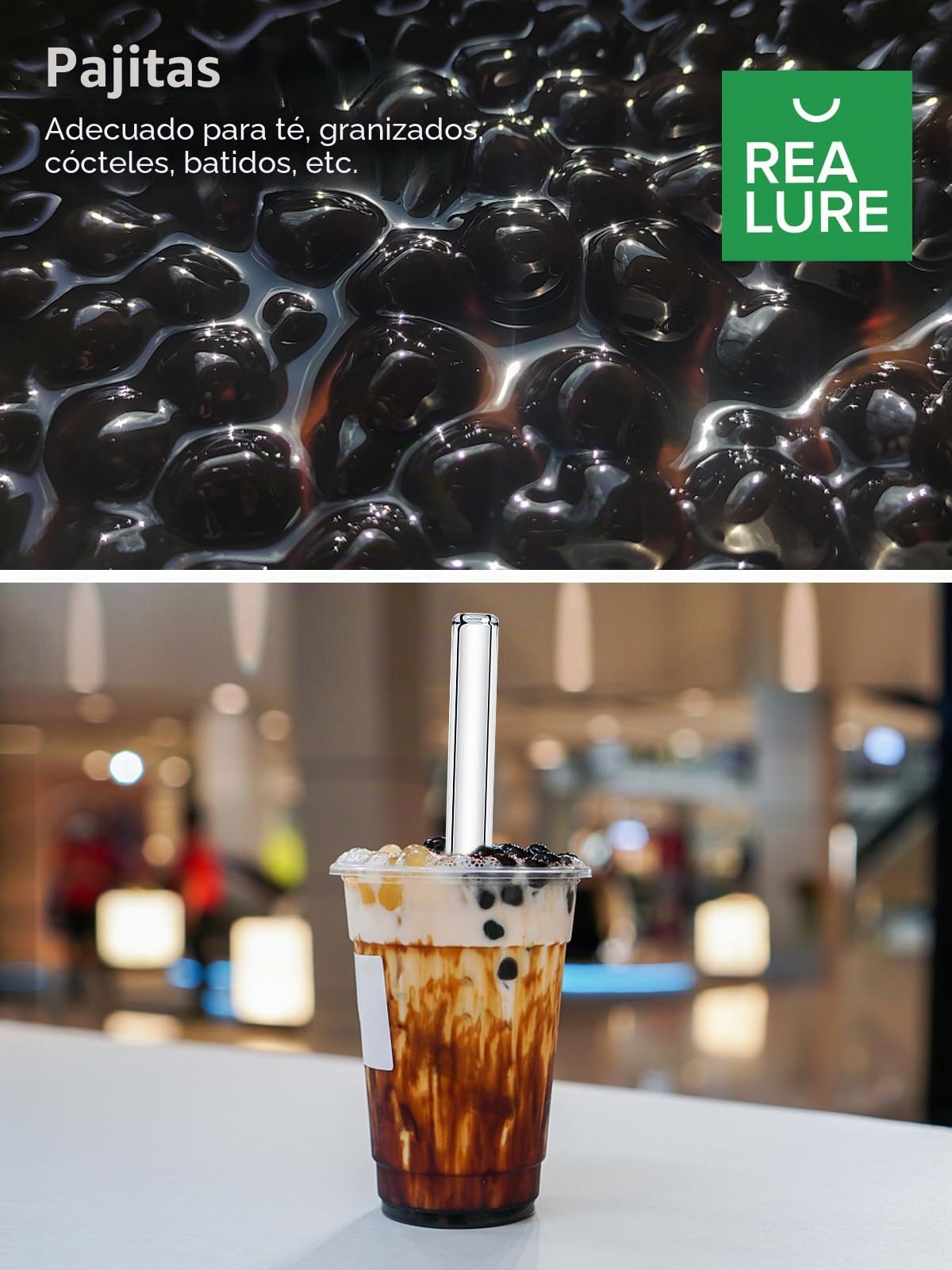 Realure 4 Pcs Pajitas Bubble Tea, 14mm Extra Ancha de Cristal Reutilizables, Transparentes de Vetro Rectas 215mm Con Cepillitos, Para Bubble Tea, Cócteles, Batidos, Jugo