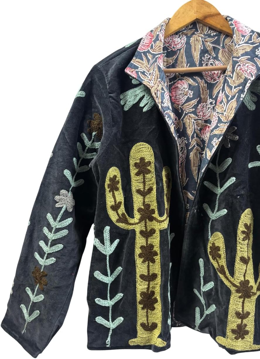 Embroidered Velvet Jacket, Black, Cactus and Floral Design, Long Sleeve, Reversible Collar