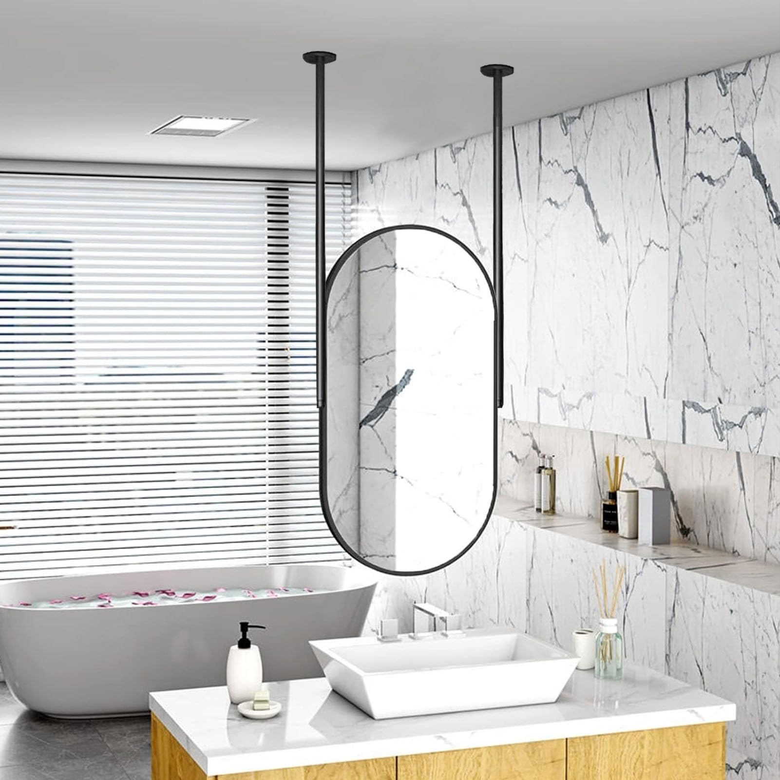 WJFTODAY Black Oval Floating Wall Mirror - 40cm x 70cm Ceiling Mounted Decorative Mirror for Bathroom & Makeup, Customizable Black Metal Frame, Chic Home Decor Accent