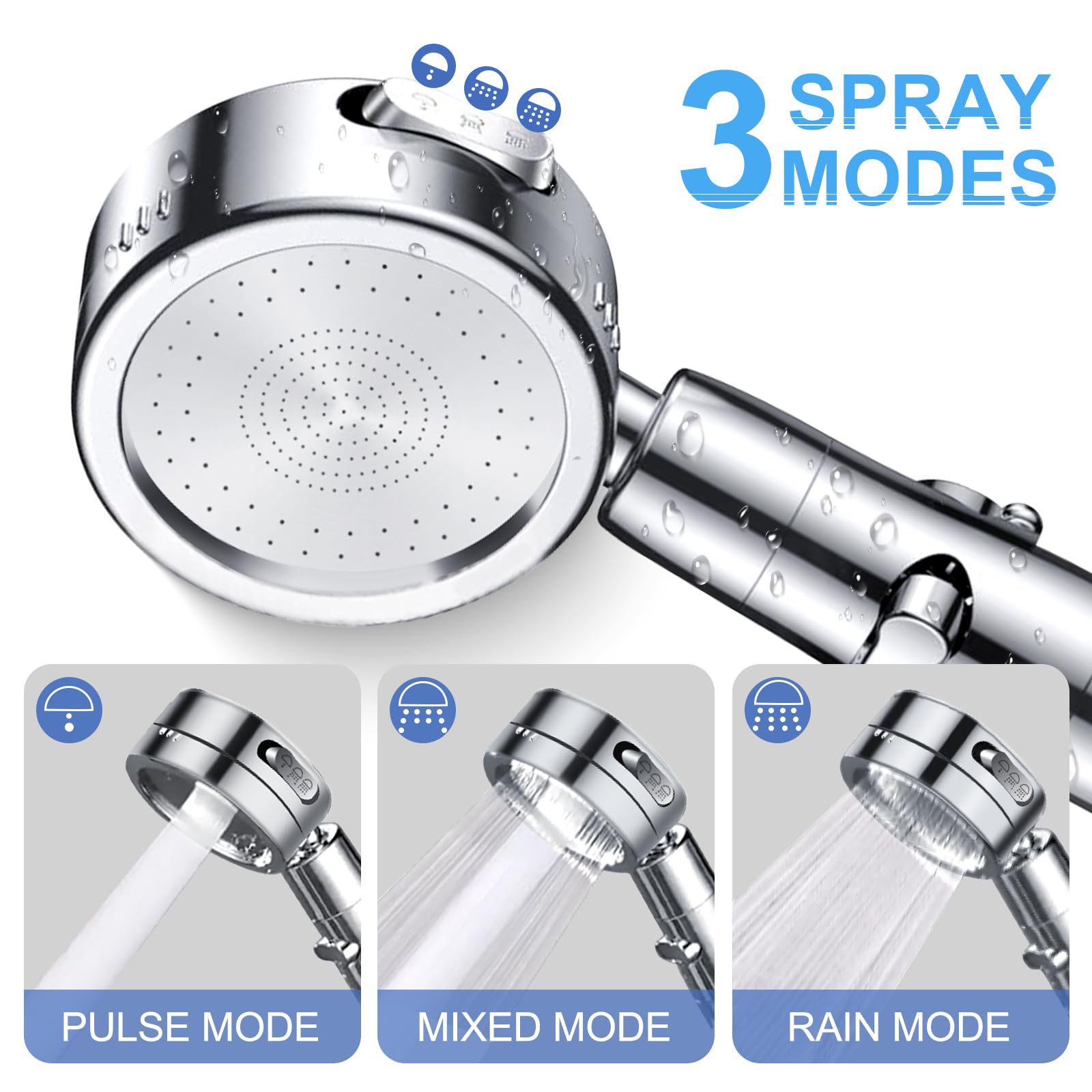 Pommeau de douche avec tuyau de 2 m, haute pression avec filtre, 3 types de jet, pommeau de douche avec fonction d'arrêt pour eau dure, chlore résiduel, bactéries, métaux lourds