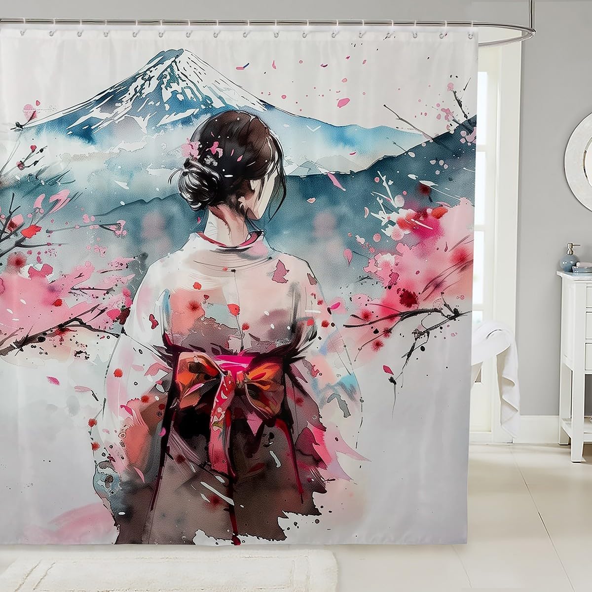 jejeloiu Japanese Girls Geisha Shower Curtain 72"x78" Pink Cherry Blossoms Bath Curtain for Boys Teens Japanese Ukiyoe Bathroom Shower Curtain Set Waterproof Mount Fuji Kids Bathroom Accessories