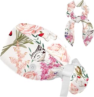 FVQL 2 Pieces Surgical Cap for Long Hair Scrub Cap with Hairband Nurse Cap, Flower Lavender Peony and Butterfly