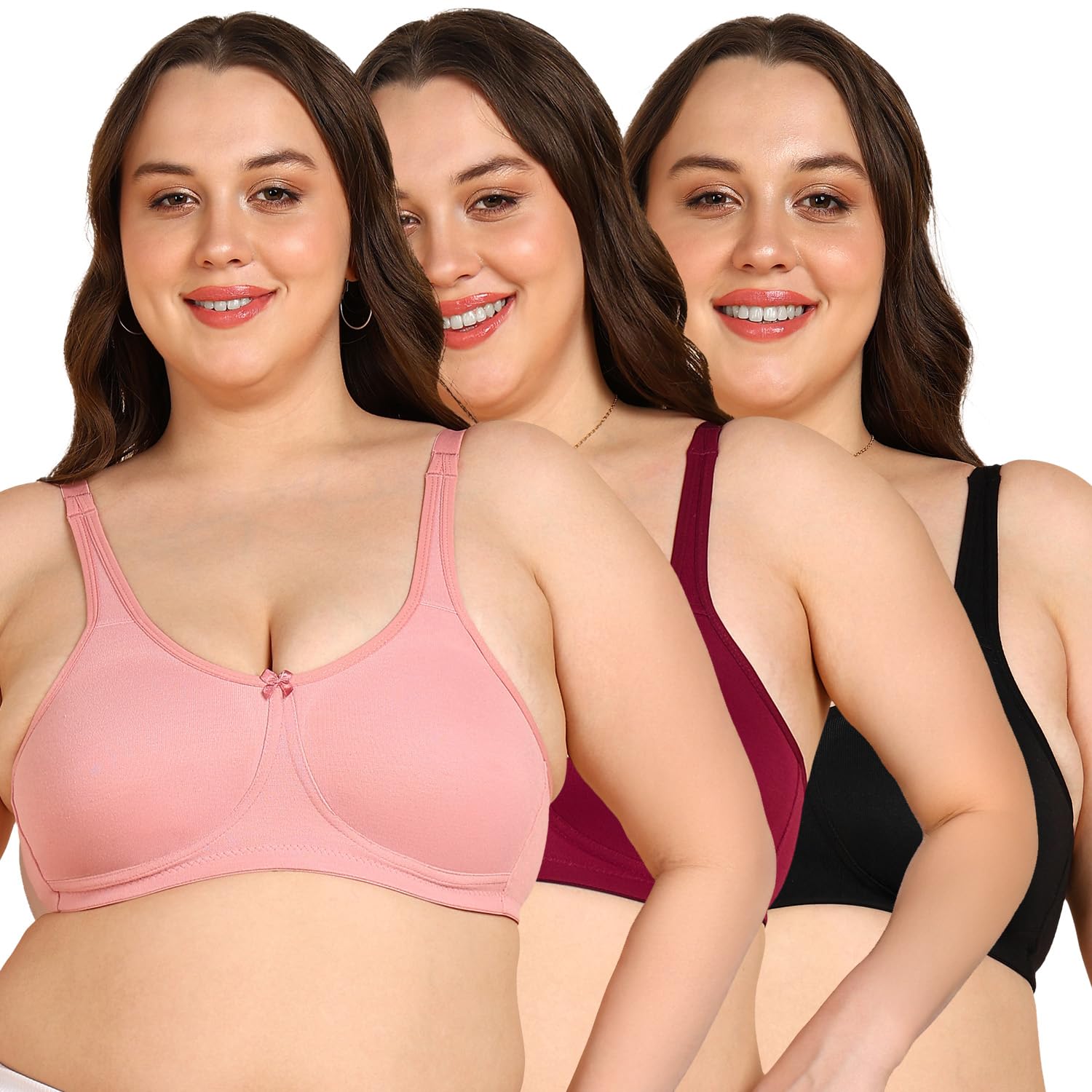 komli Fifty Non-Padded Everyday Minimiser Bra | Full Coverage | Wire-Free | Seamless Design | Adjustable Straps | Hook & Eye Closure | Plus-Size Comfort & Natural Bust Shaping (Pack of 3)-picture-20