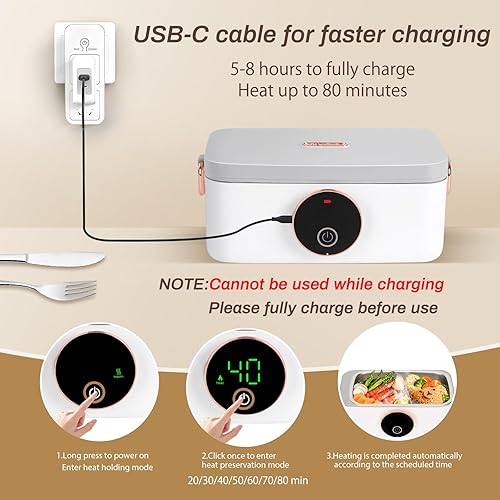 Miniatura 5 de Iridesc Fiambrera autocalentable, lonchera de 1 litro con calefacción automática, batería recargable de 16000 mAh, calentamiento rápido, diseñada