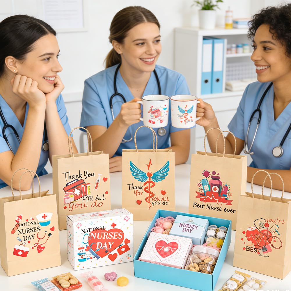 12 PCS Nurse Gift Bags for Medical Assistant Gifts Paper Nurse Goodie Bags with Handle for Student Thank You Doctor Healthcare Workers Graduation Party Favors Supplies Decorations Appreciation Wrap