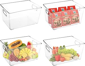 TOPZEA 4 Pack Plastic Storage Organizer Bins, Large Clear Freezer Storage Container Bins with Handles Food Storage Bin for Refrigerator Kitchen Pantry Cabinet Shelves, BPA Free, 11.6