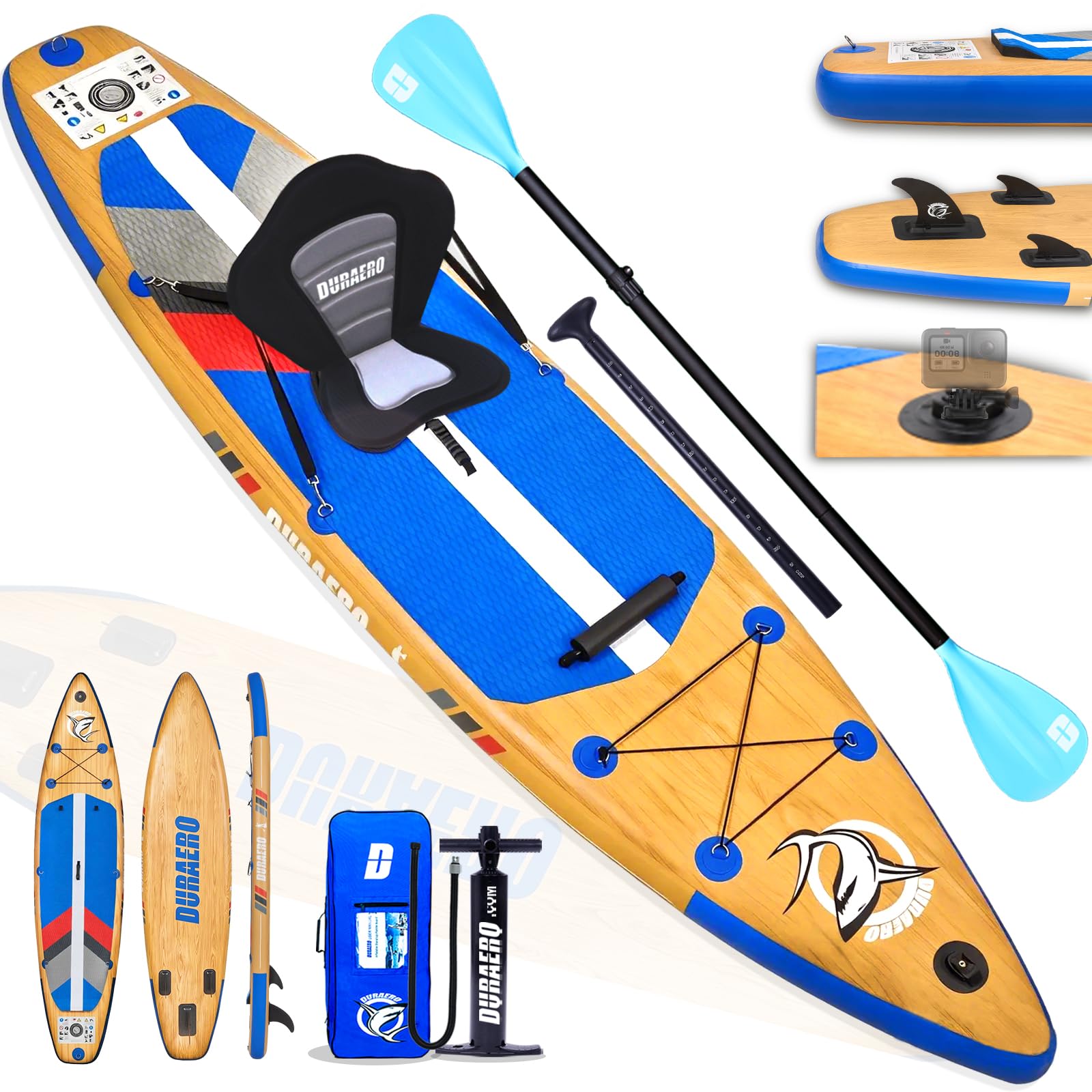 DURAERO Tavola SUP gonfiabile XXL 330cm, stand up paddle con sedile kayak e poggiapiedi, pagaia doppia, supporto fotocamera, accessori completi, portata 150 kg, effetto legno