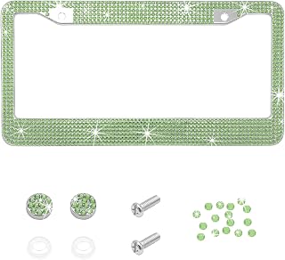 Bling Car License Plate Frame, 2 Holes Stainless Steel Sparkly Auto Tag Cover with Screws Caps, Bedazzled Rhinestone Licence Plate Holder Vehicle Decor for Women Girls (Light Green)
