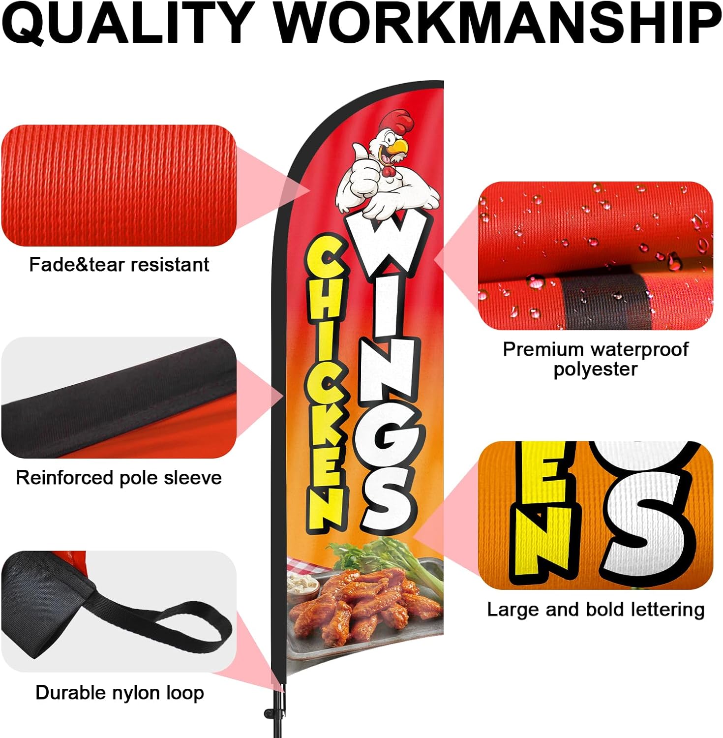 Chicken Wings Advertising Feather Flags Banner 8Ft, Chicken Wings Swooper Flag with Pole and Ground Stake, Advertising Feather Flag Signs for Chicken Wings Business