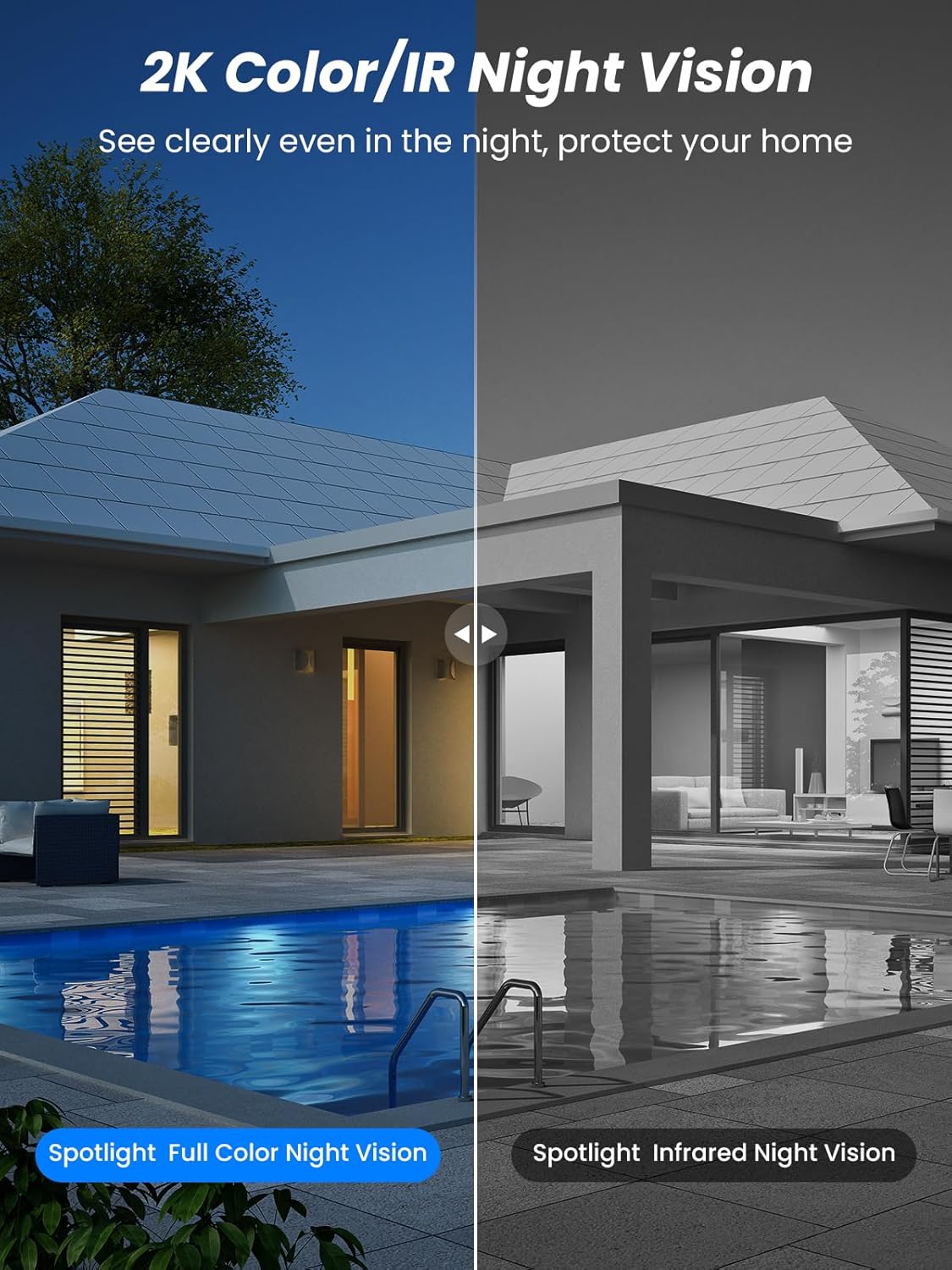 Comparison of Spotlight Full Color Night Vision and Spotlight Infrared Night Vision modes.