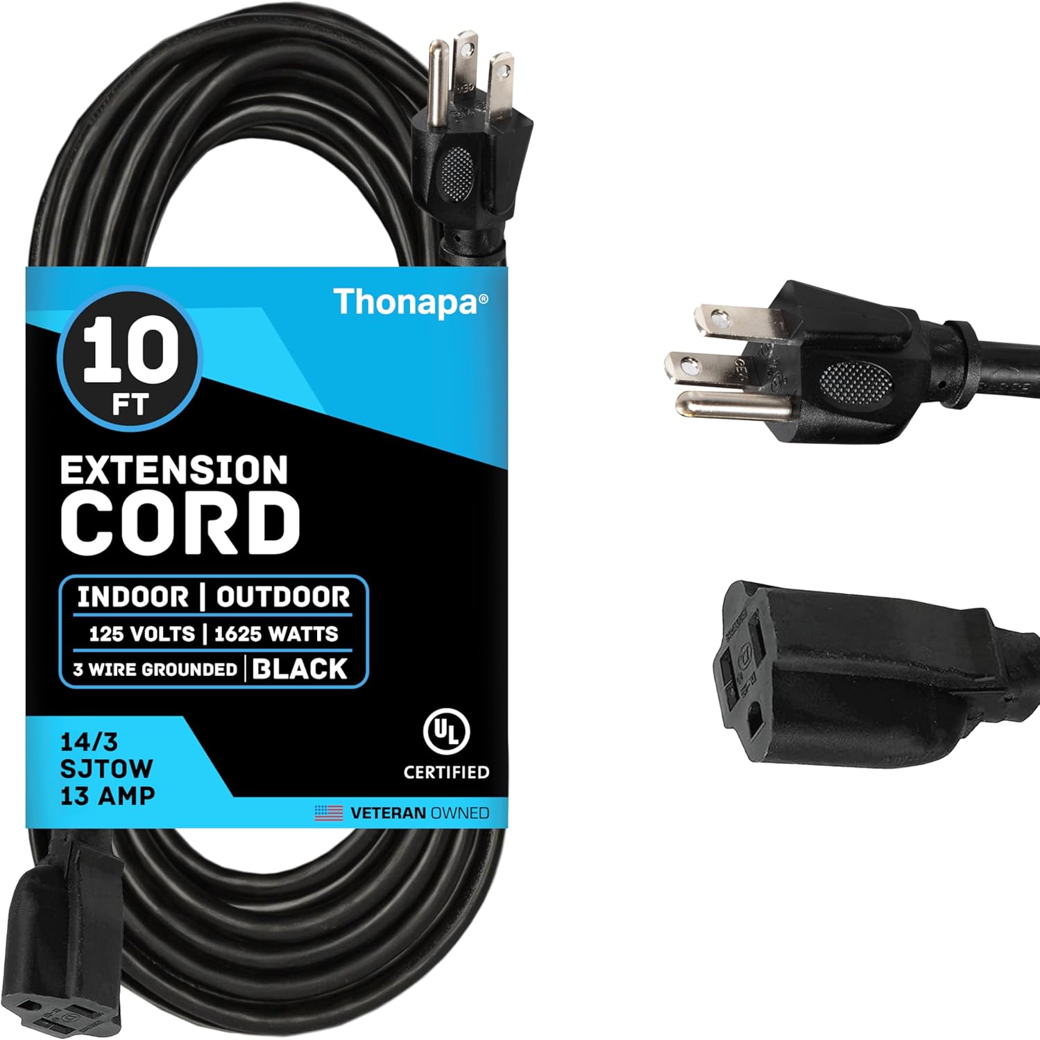 Thonapa 15 Amp Black Extension Cord 25 ft Oil Resistant, SJTOW 14 Gauge Heavy Duty Outdoor Extension Cord 3 Prong Grounded Plug for Farms, Ranches, Appliances - UL Certified