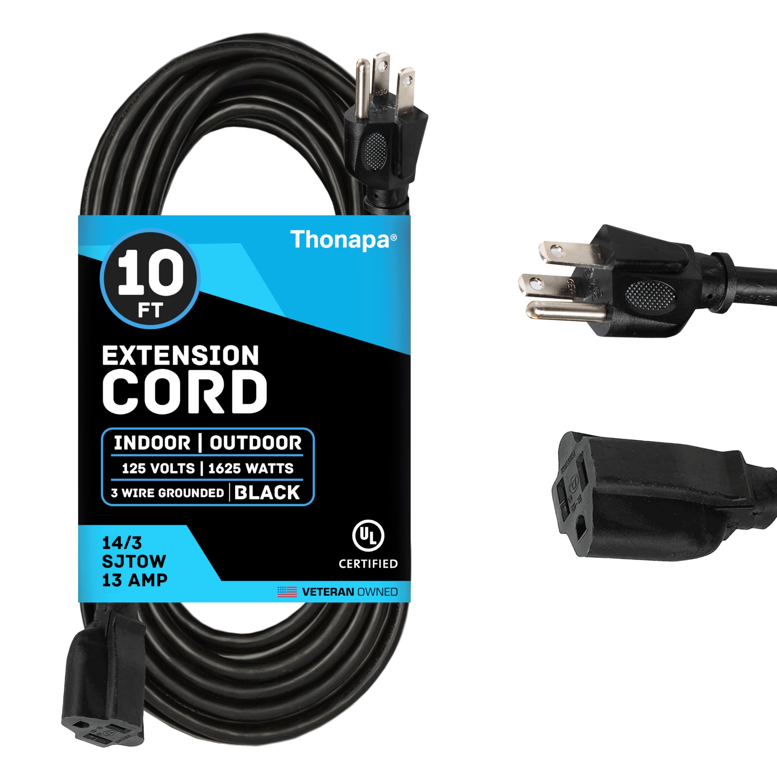 Thonapa 15 Amp Black Extension Cord 10 ft Oil Resistant, SJTOW 14 Gauge Heavy Duty Outdoor Extension Cord 3 Prong Grounded Plug for Farms, Ranches, Appliances - UL Certified