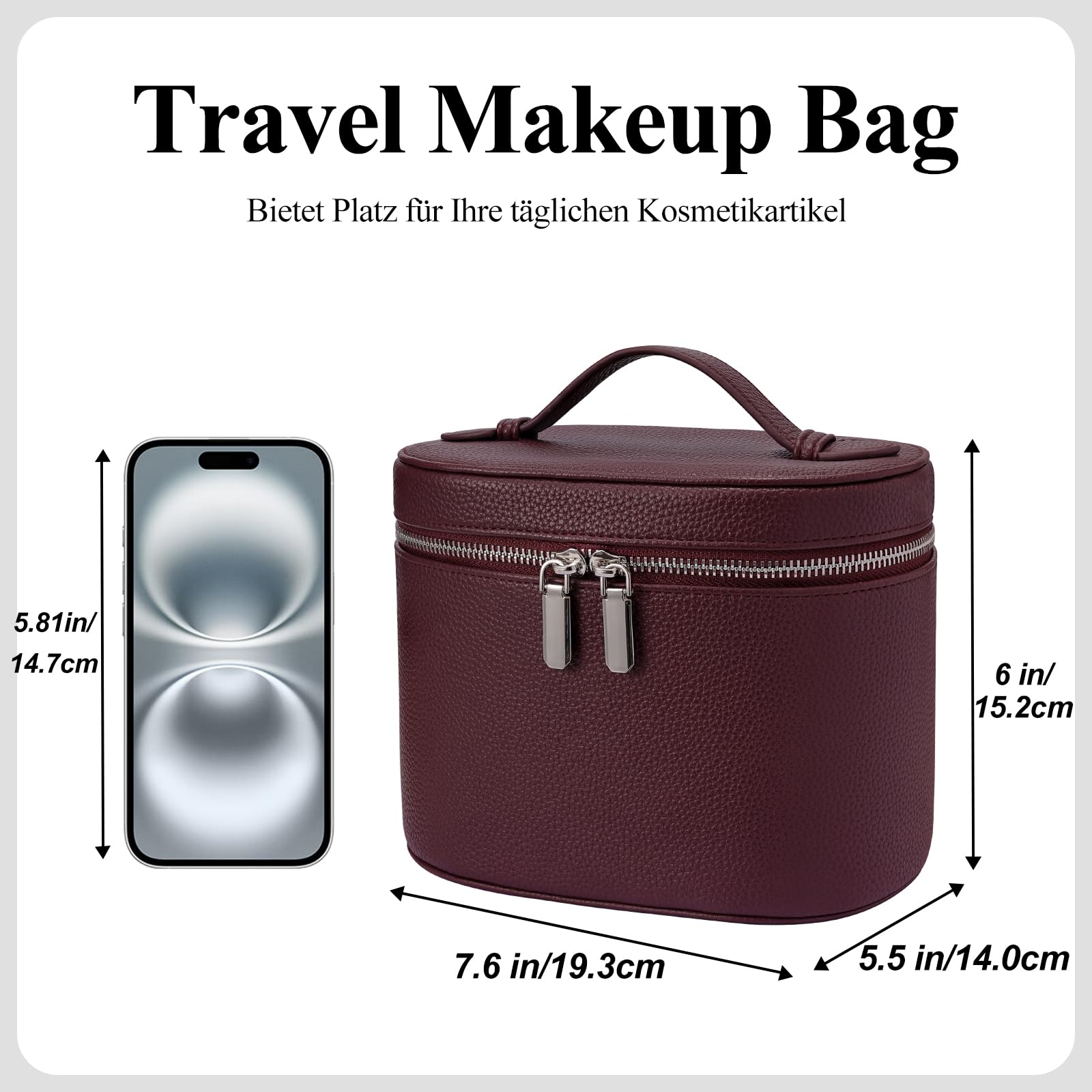 Kosmetiktasche Damen, Make Up Tasche für Frauen, Reise Leder Kosmetikkoffer Schminktasche Hartschale, Travel Makeup Bag Cosmetic Case mit Fächern und Griff