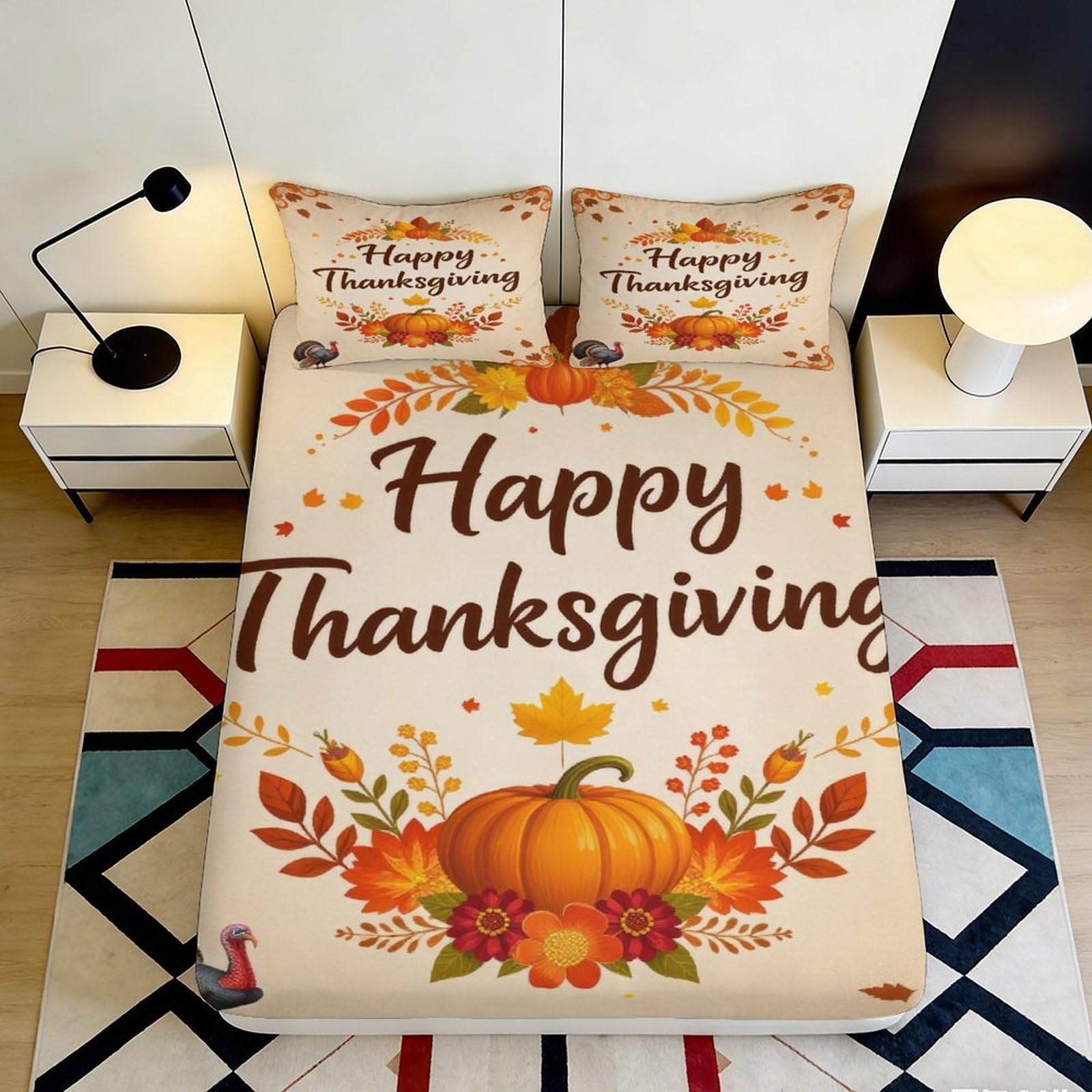 3D Printed Thanksgiving Pumpkin Fitted Sheet Microfiber Soft Breathable Autumn Leaves Bed Cover for Bedroom Guest Room Mattress Protection 200x200x25cm