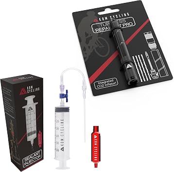 KOM Cycling Tubeless Sealant Injector Syringe and KOM Tubeless Tire Repair Kit Pro with Included Co2 Inflator