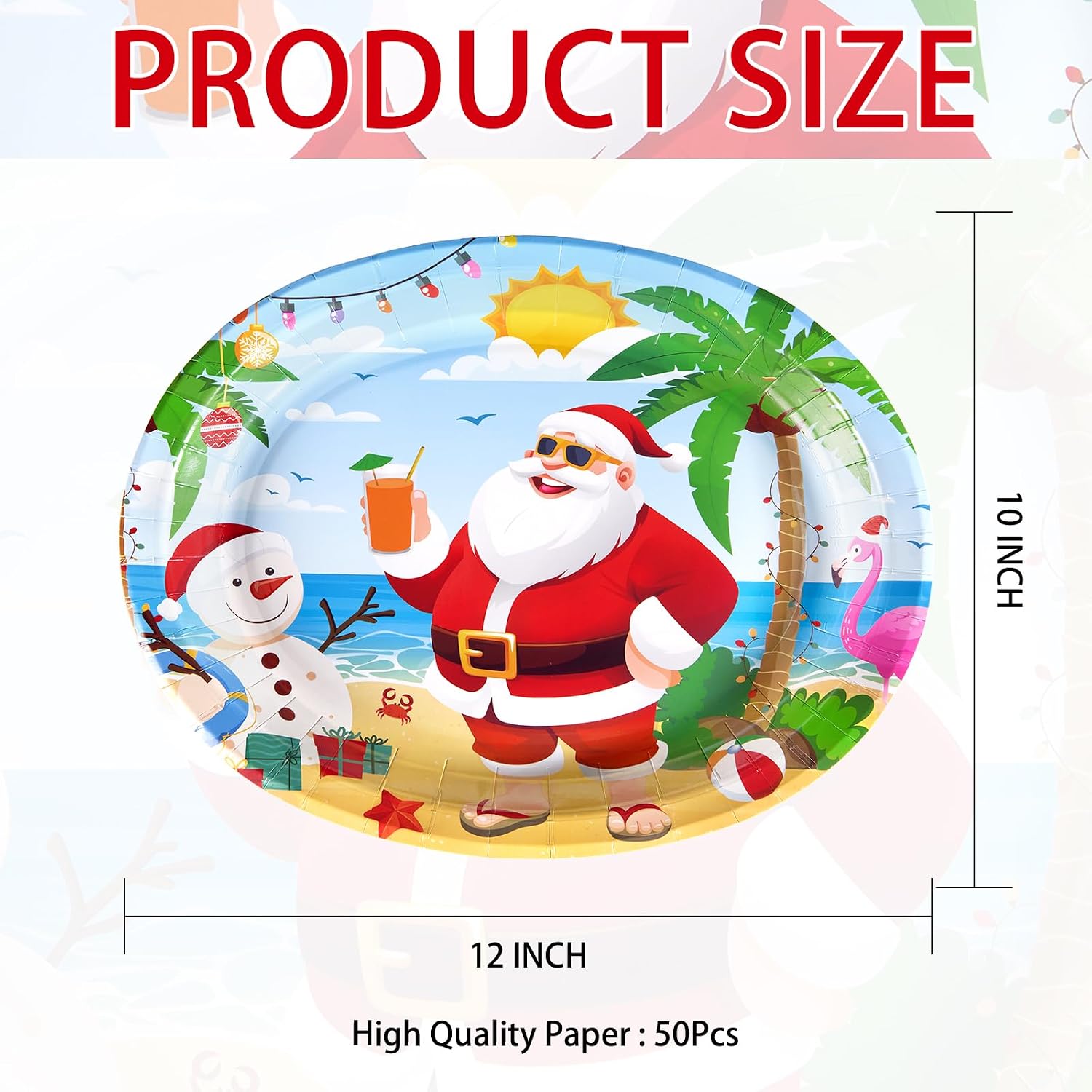 Grencian 50Pcs Summer Christmas Party Decorations Oval Cartoon Santa Plates Disposable Tableware Sets Supplies Favors for Kids Tropical Hawaiian Pool Beach Summer Christmas Party Decorations Serve 50