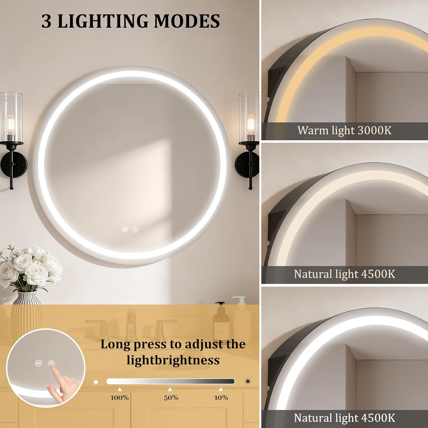 WallBeyond 28 in Round LED Medicine Cabinet with Mirror, Black Bathroom Cabinet with Storage, 3 Color Stepless Dimmable Lights, Anti-Fog, Memory Function, Hardwired, Surface Mount