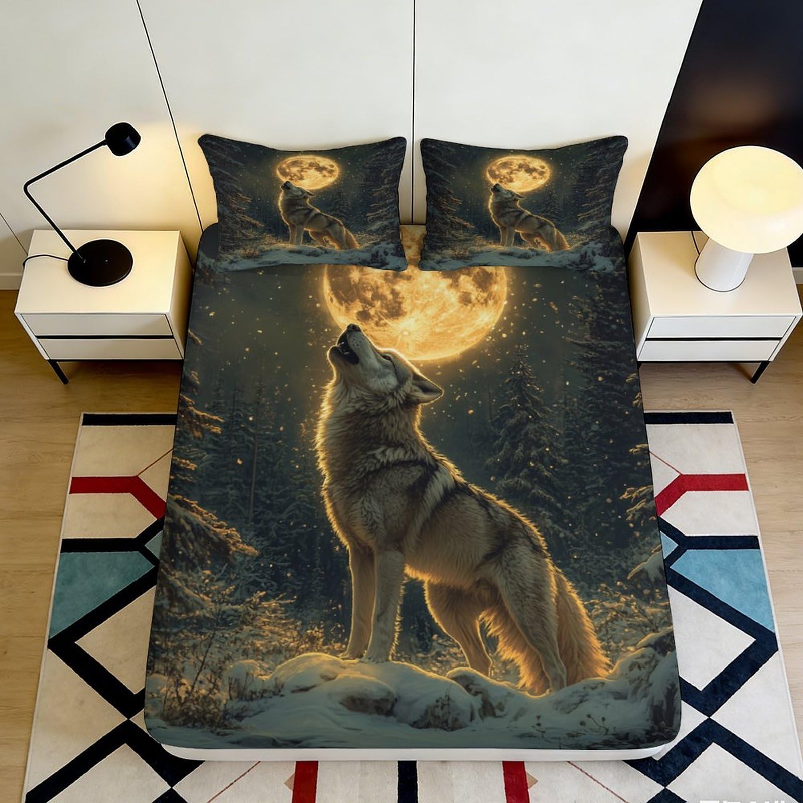 3D Printed Wolf Howling Moon Fitted Sheet Microfiber Soft Bed Cover for Bedroom Guest Room Mattress Protection Decor 90x200x25cm