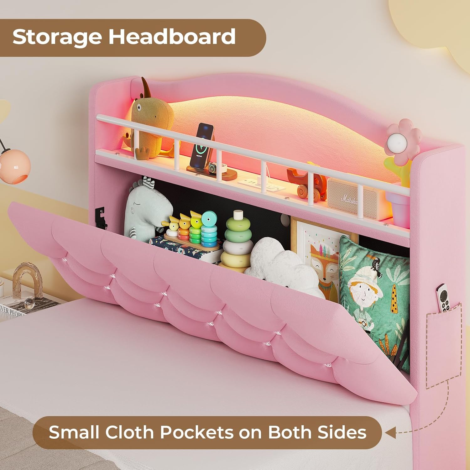 Twin Size Bed Frame with LED Lights & 4 Drawers, Princess Velvet Upholstered Platform Bed for Girls, Headboard with Charging Station & Guardrail & Crystal Button, No Box Spring Needed, Pink