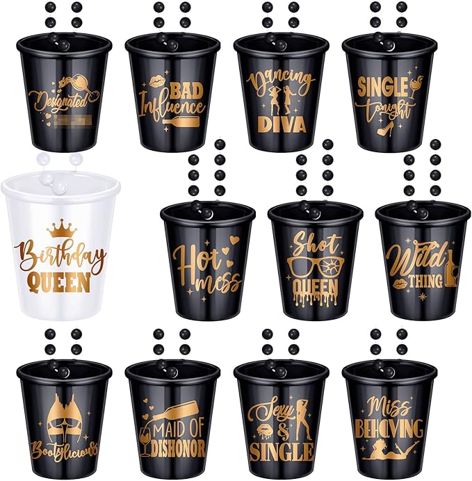 Janmercy 12 Pieces Shot Glass Beaded Necklaces Birthday Party Shot Necklace Cups