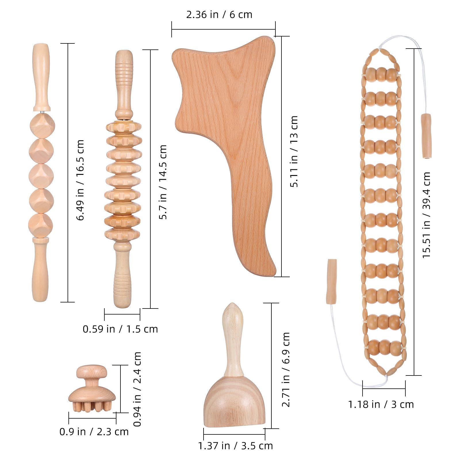 GANAZONO 6 Piezas Kit de Herramientas de Masaje de Madera Terapéuticas Rodillos y Cubos para Masaje Muscular y Linfático Relajación Corporal para Espalda y Cuello Uso Versátil para Hombre y