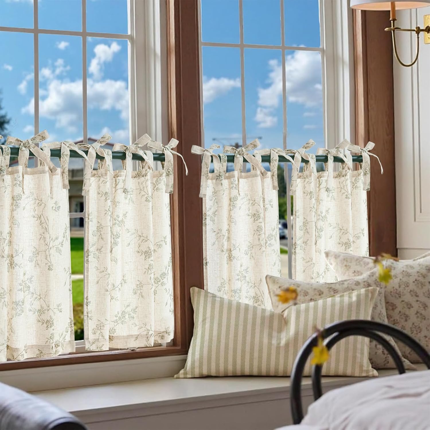 jinchan Floral Kitchen Curtains 24 Inch Linen Tier Curtains Farmhouse Cafe Half Window Drapes Over Sink Light Filtering Sage Green on Beige for Living Room Laundry Tie Top 2 Panels 26"W x 24"L (Pack of 2) Tie Top | Blossom Green on Beige