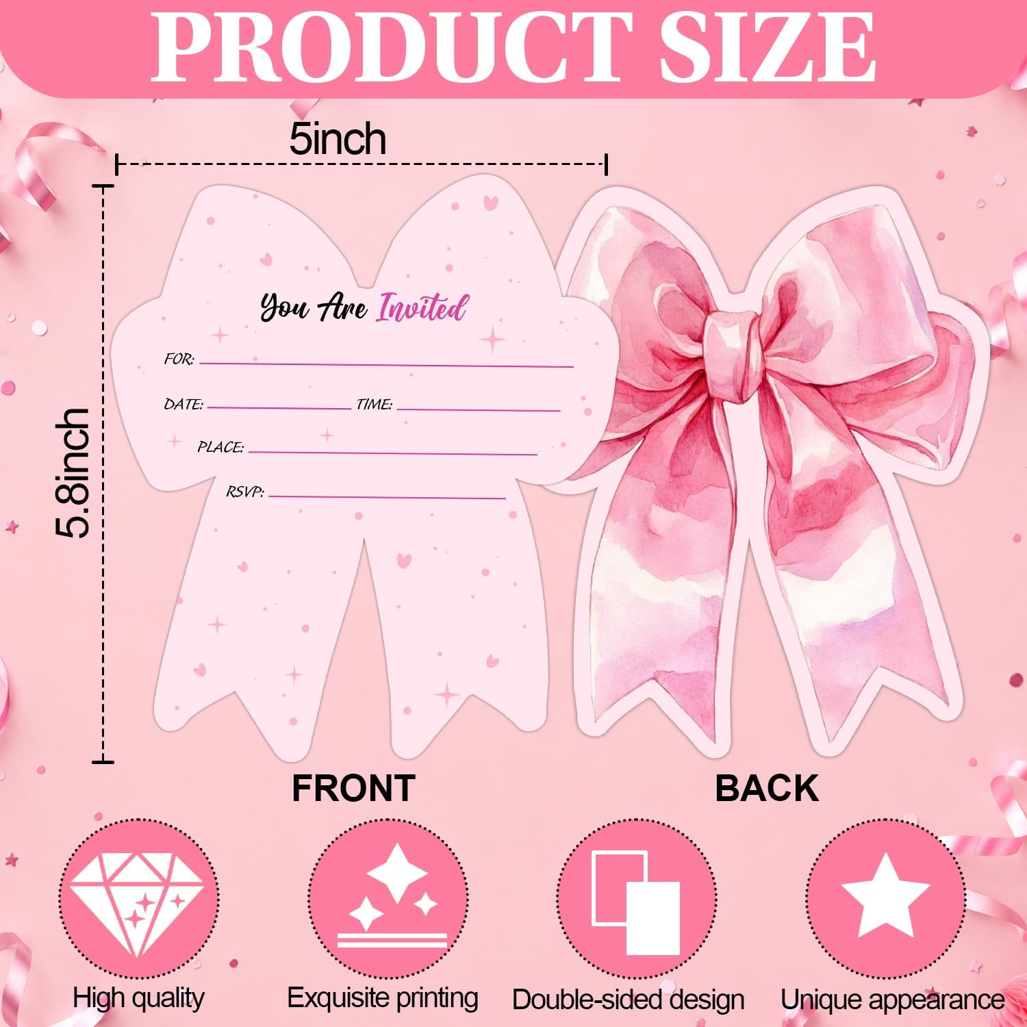 20 Pcs Pink Bow Invitation Cards with Envelopes for Birthday Party image 2
