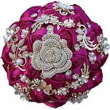 Bridal Wedding Bouquet, Round Bling Brooch Bouquet Throw Toss Artificial Rose Flower Bunch with Large Silk Roses SatinRomantic Wedding Colorful Rose for Bride s Bridesmaid Fuchsia,7.08"/19cm