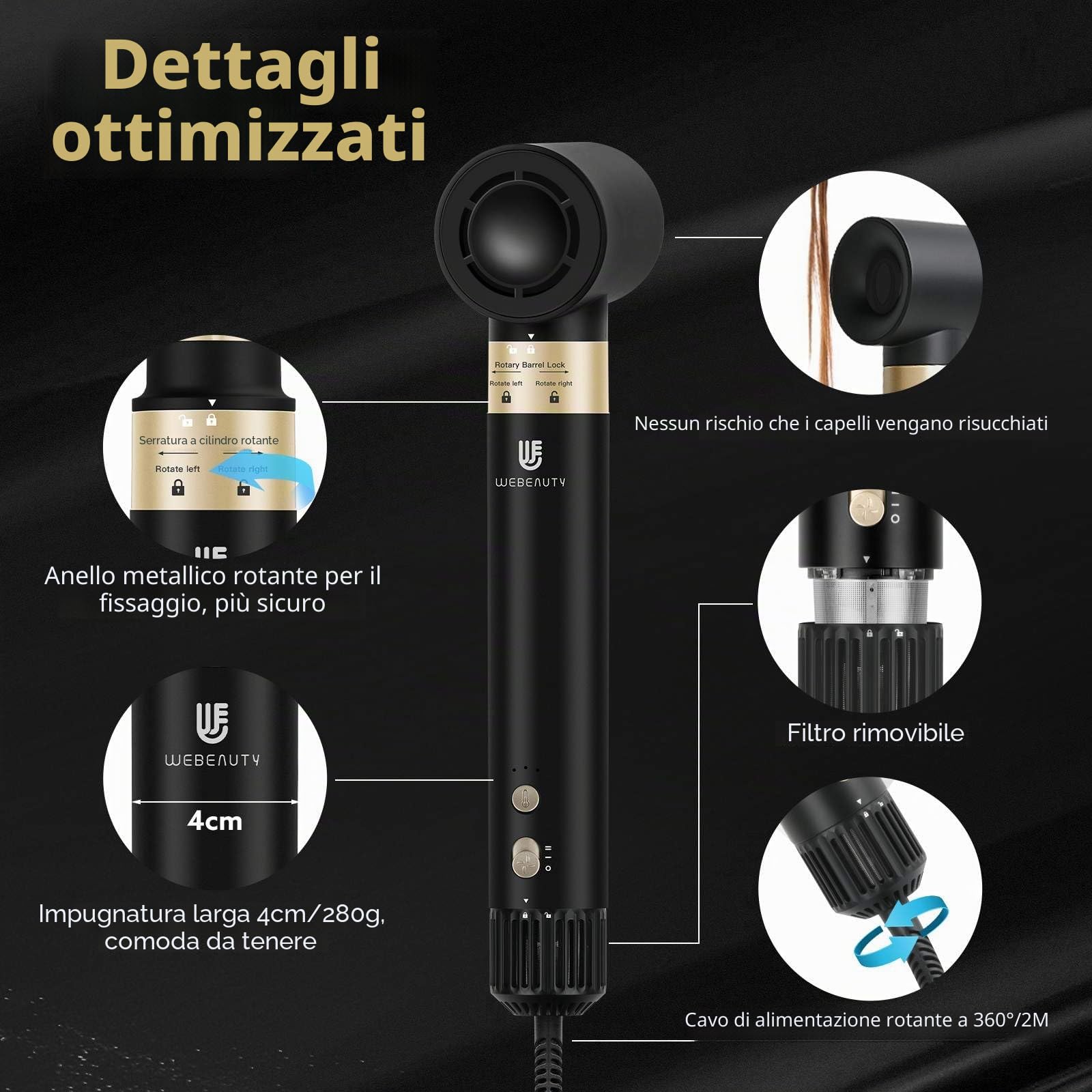 webeauty Airstyler 5 in 1, 110,000 giri/min, asciugacapelli 20 M/S, 200 milioni di ioni negativi con spazzola ad aria calda, spazzola per asciugacapelli, arricciacapelli ad aria, Nero
