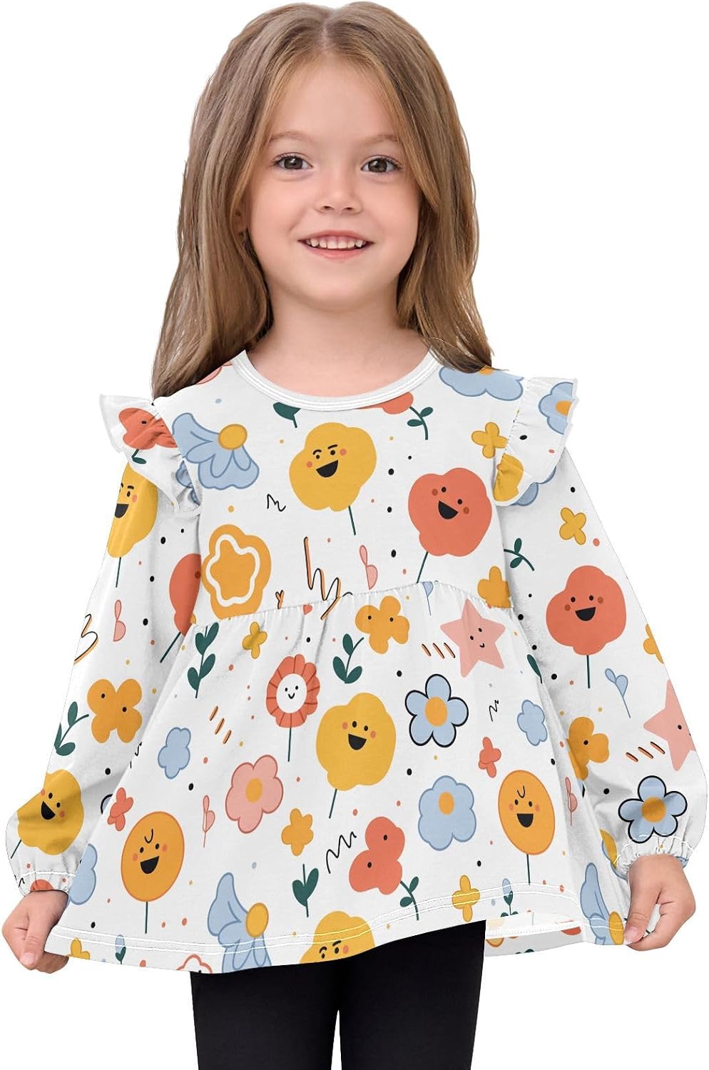 visesunny Toddler Clothes for Girls Cartoon Spott Floral Long Sleeve Fall Shirts Cotton Top with Ruffle Collar