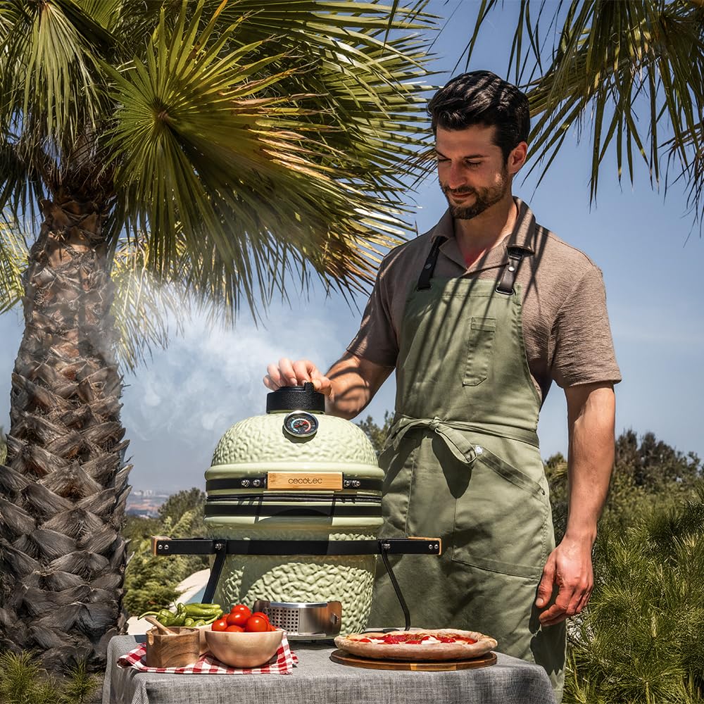 Cecotec Kamado Barbacoa de Carbón Cerámica Ø 32cm DragonFire 3200. Asa, Ahuma, Hornea y Guisa, Resistente a 1000ºC, Diámetro 32cm, Soporte Hierro Fundido, Cámara Hermética, Ruedas, Termómetro