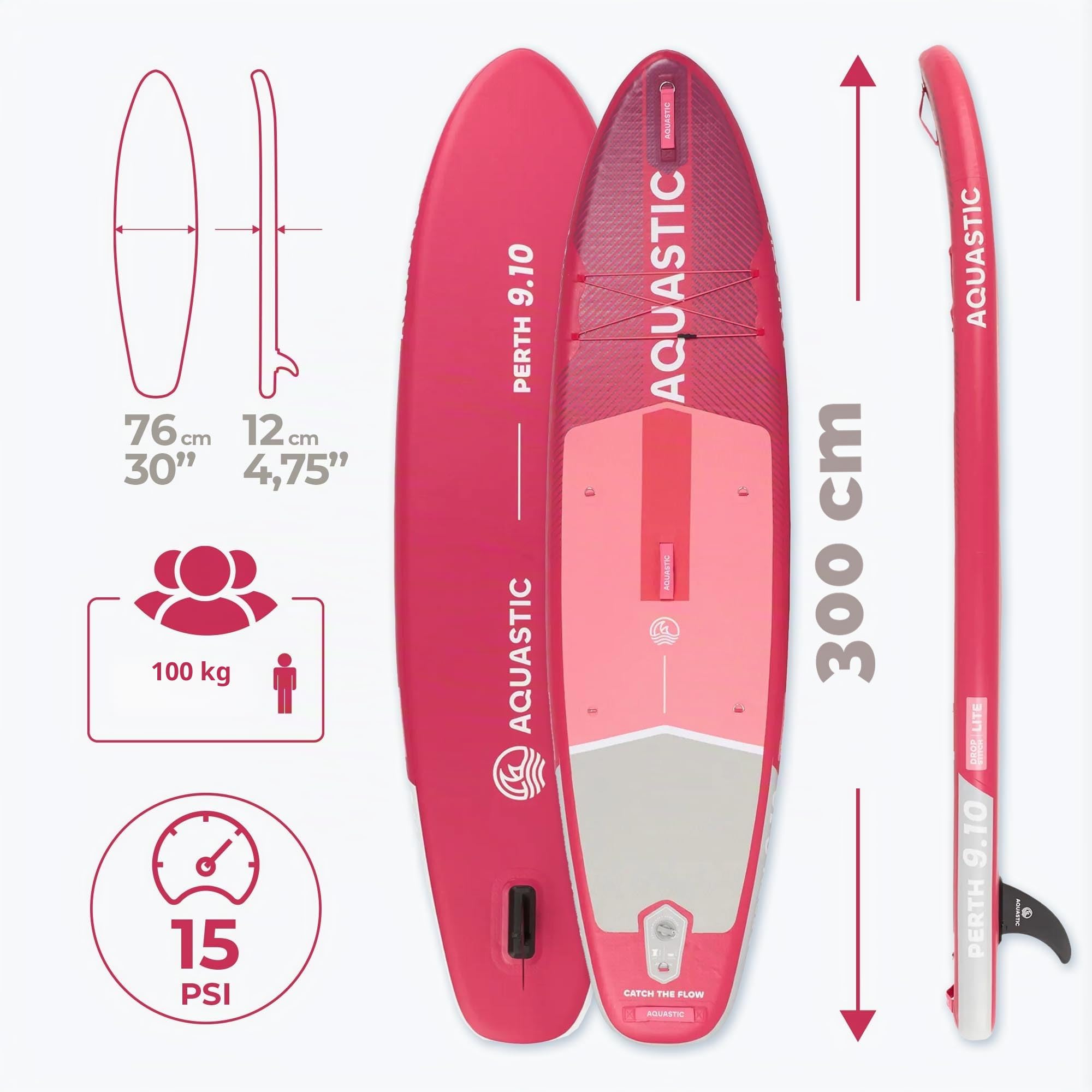 AQUASTIC Perth 9'10″ Tabla Hinchable de Sup | Forma Integral | Drop Stitch Lite | 300 × 76 × 12 cm | Desplazamiento de 320 L | Carga máxima de 100 kg | Espuma EVA 3 mm | Mango de Anillo en D |