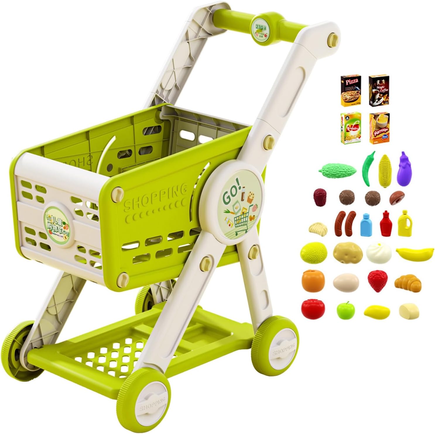 Shopping Cart for Kids, Toddler Trolley Cart Toy Supermarket Playset with 29 Play Food Fruit Vegetable Dessert Accessories, for Pretend Grocery Store Play, Fun and Educational Toy for Kids Aged 3+ Gr