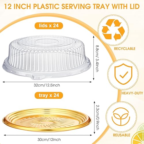 Miniatura 2 de Maxcheck 24 bandejas de servicio resistentes de 12 pulgadas con tapa, bandeja grande de plástico para verduras con elegante bandeja redonda dorada