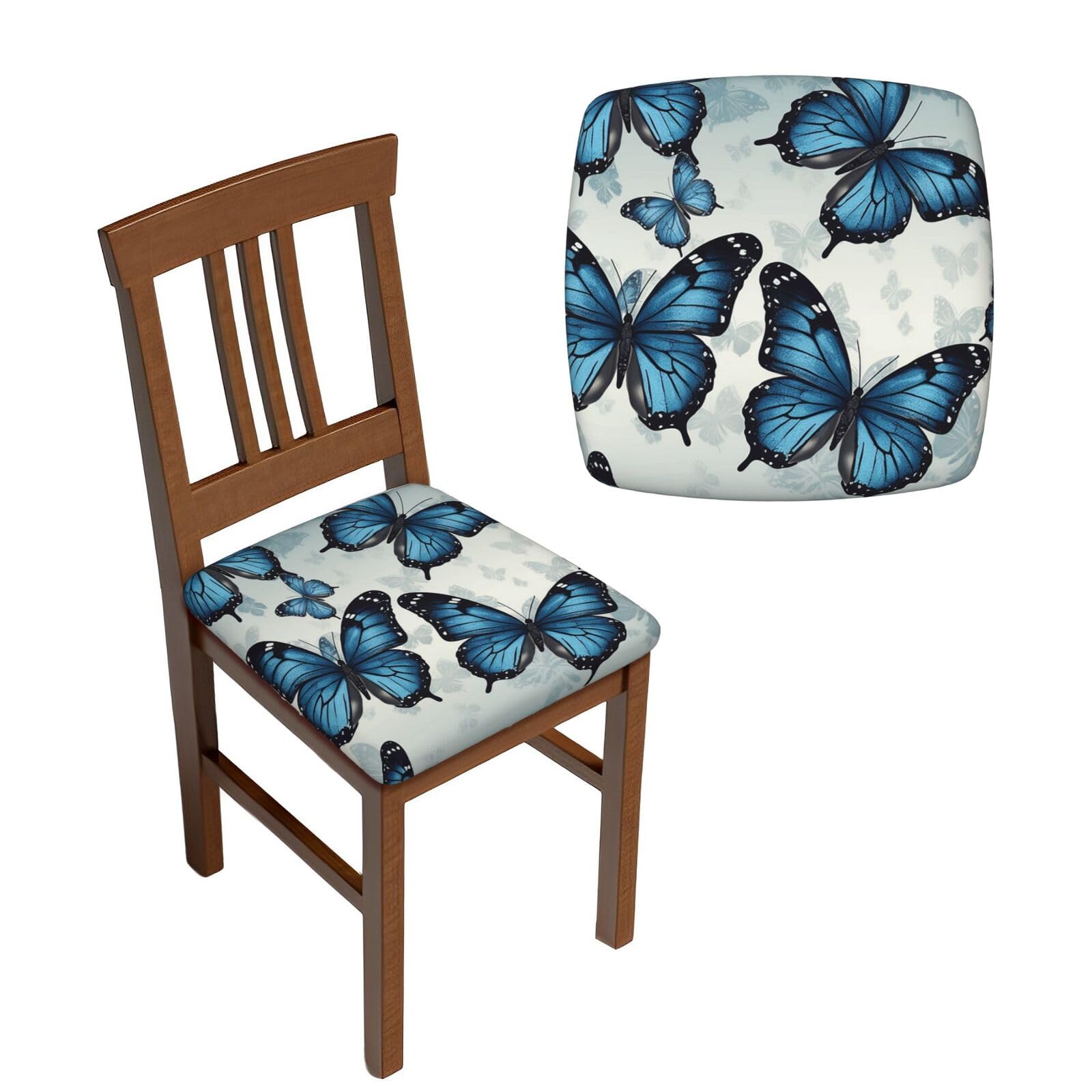 NONHAI 6PCS Dining Chair Seat Covers Set Blue Butterfly Stretch Removable Chairs Covers Washable Seat Cushion Slipcovers Protector for Dining Room Kitchen Chairs