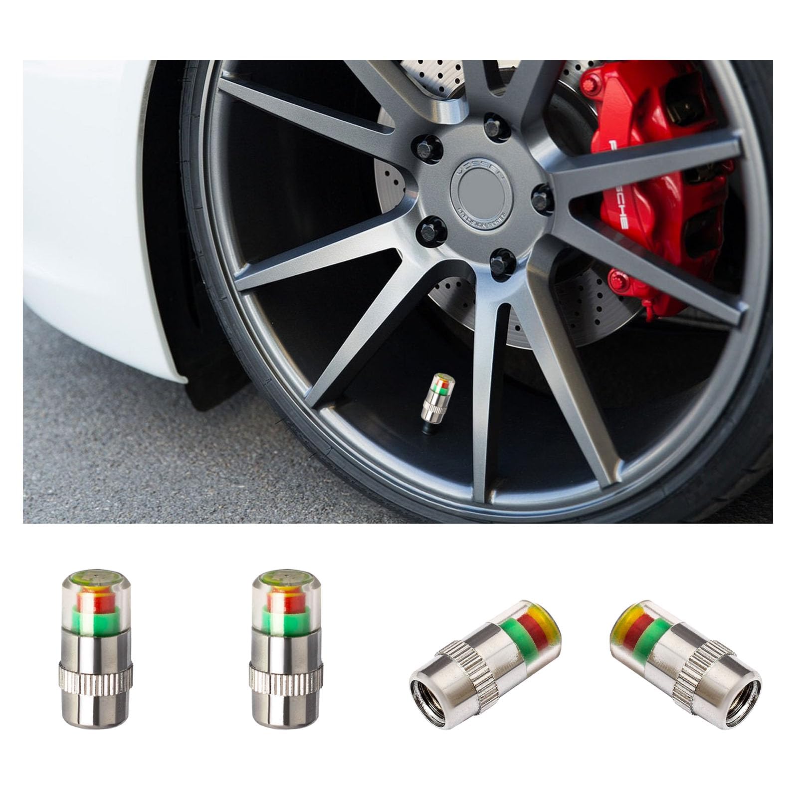4 PCS Tire Pressure Monitor Valve Stem Caps, 2.4 Bar 36 PSI Car Tire Pressure Monitor Sensor Indicator with 3-Color Eye Alert, Universal Valve Stem Caps for Cars, SUVs, Trucks (Silver)