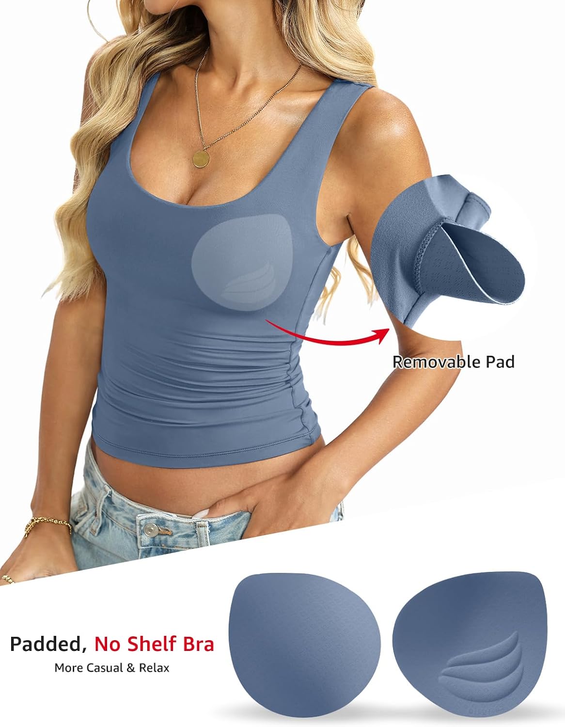 Womens Padded Double Lined Tank Tops Scoop Neck Built in Bra Tops Slim Fit Sleeveless Shirts Summer Outfit - Image 3