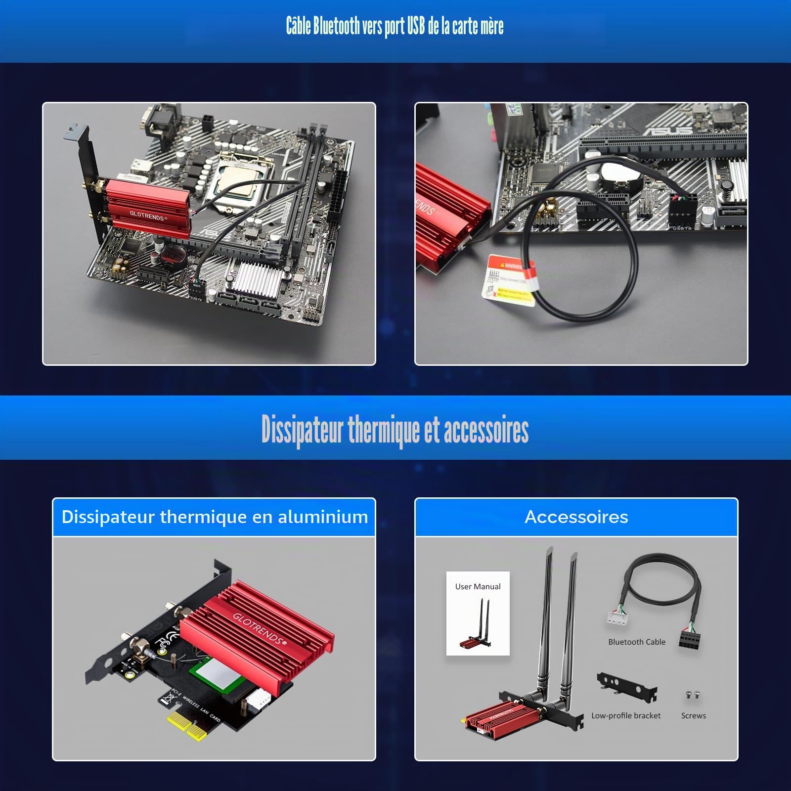 GLOTRENDS Carte WiFi 7 PCIe pour PC de Bureau, Intel BE200, Bluetooth 5.4 | Jusqu'à 5,8 Gbit/s, 320 MHz, 4K-QAM,Tri-bande 2,4/5/6 GHz,Pour Windows 11 24H2+, pas pour les cartes mères AMD