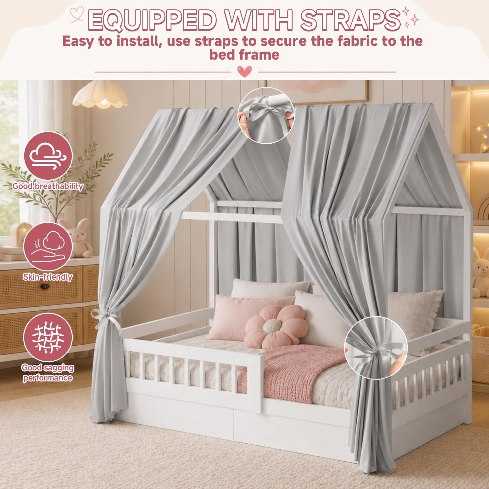 Set di 2 Tenda Letto Bambini, Tenda Letto Montessori Bambini, Baldacchino per Bambine e Ragazzi, Baldacchini in Tessuto, 67 x 270 cm, Grigio Chiaro