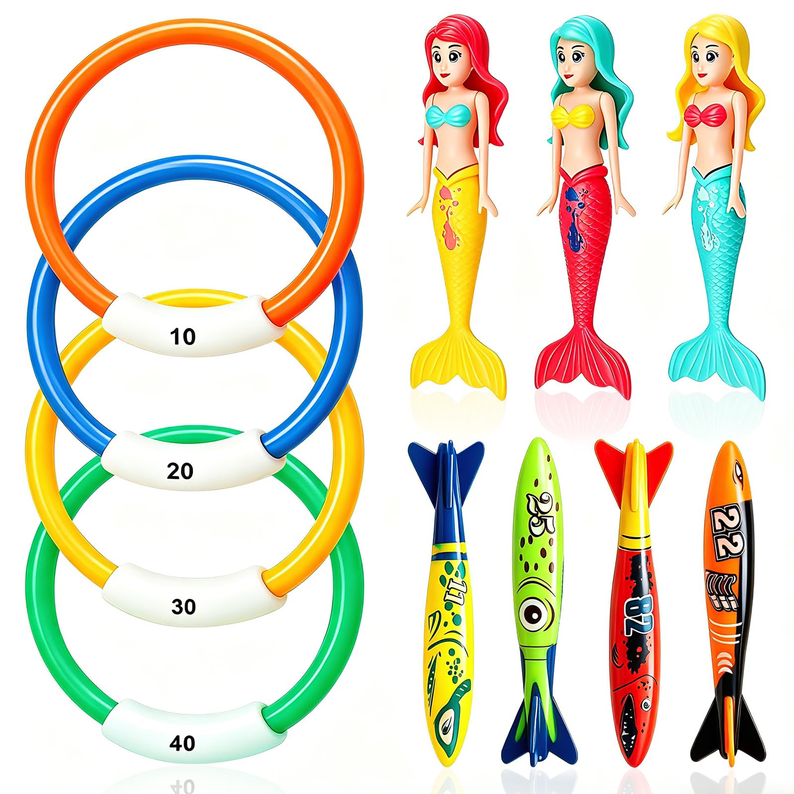 11 PCS Jouet Piscine Enfant, Adaptés aux Enfants dès 4 Ans, Composé d’Anneaux de Plongée, de Sirènes et de Torpilles de Jeu, Idéal pour Les Jeux sous l’Eau et Les Fêtes de Piscine en Été